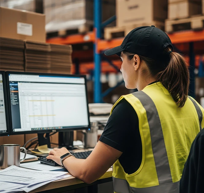 Warehouse coordinator checking a consignment record on screen at a desk in front of the racking