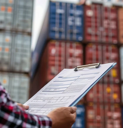 Customs declaration on a clipboard checked in front of stacked shipping containers